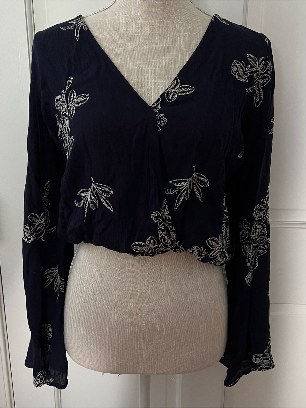 Women's Navy Floral Embroidered Wrap-Style Long Sleeve Blouse